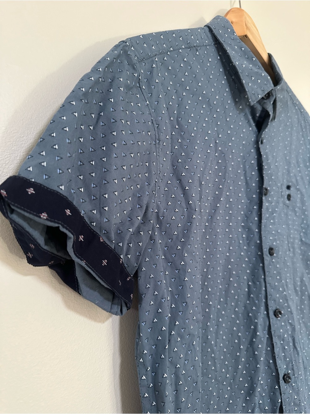 Level Ten Mens Modern Short Sleeve Geo-Print Button-Up Blue Shirt - Picture 2 of 7